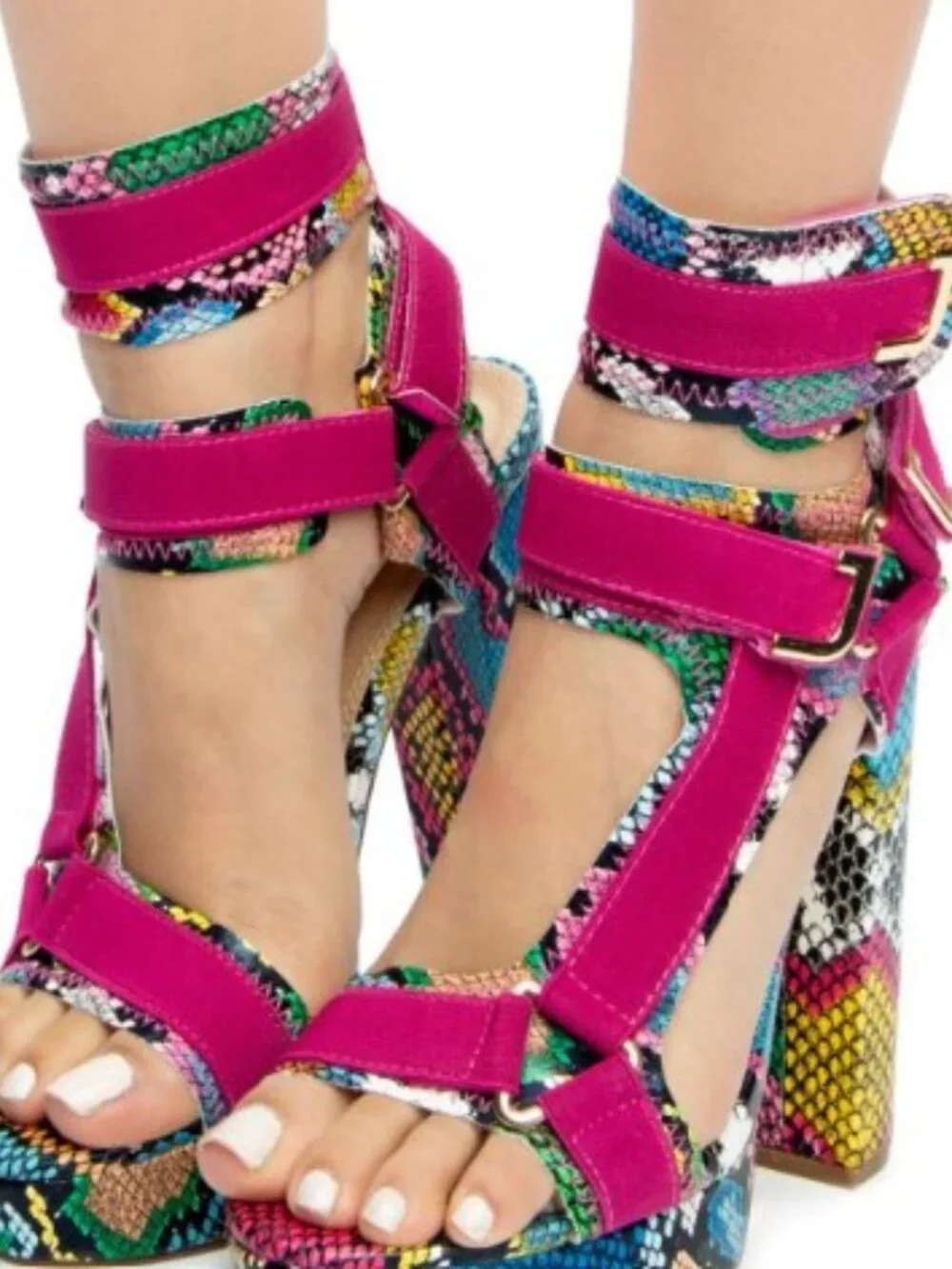 Hot Tomato “Cardee” Multi‑Color Snakeskin Platform Block Heel Sandals – Size 9W - Picture 2 of 9
